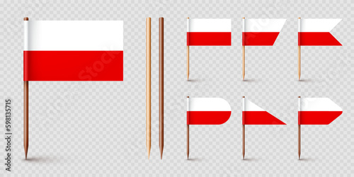 Polish toothpick flags. Souvenir from Poland. Wooden toothpicks with paper flag. Location mark, map pointer. Blank mockup for advertising and promotions. Vector illustration Generative AI