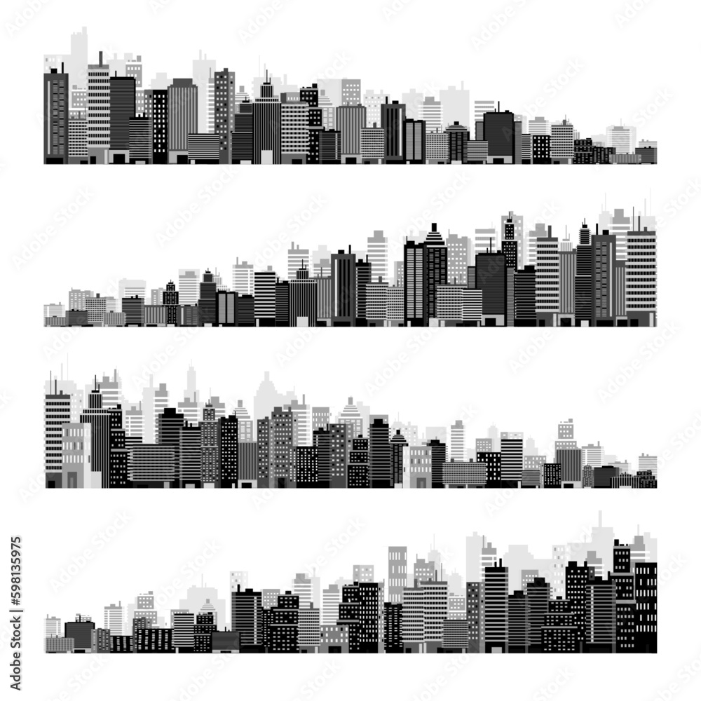 City silhouettes. Cityscape, town skyline, horizontal panorama. Midtown, downtown with various buildings, houses and skyscrapers. Vector illustration Generative AI