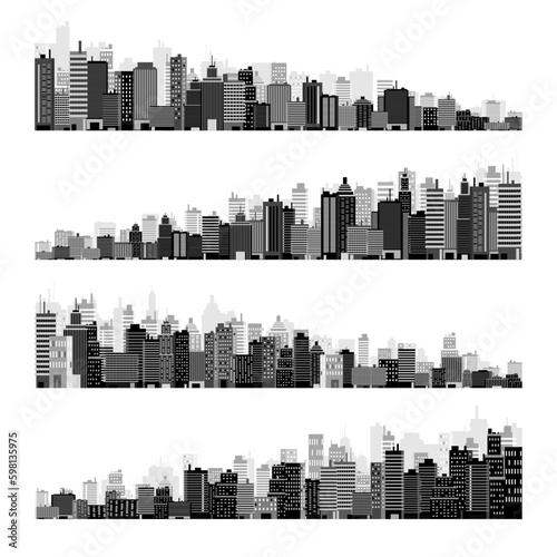 City silhouettes. Cityscape, town skyline, horizontal panorama. Midtown, downtown with various buildings, houses and skyscrapers. Vector illustration Generative AI