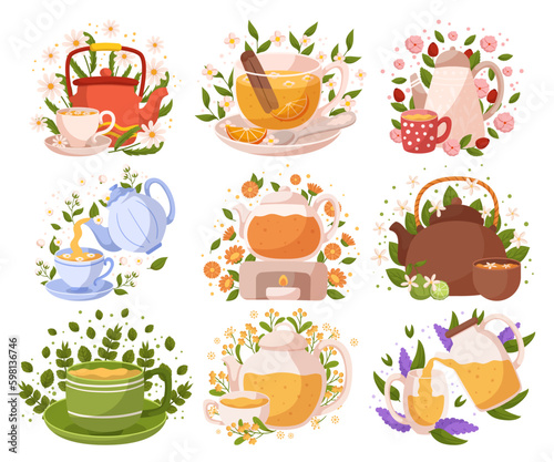 Set Of Herbal Tea Contains Various Natural Blends And Flavors, Ideal For Relaxation And Wellbeing, Vector Illustration Generative AI