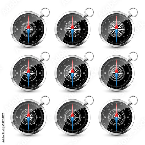 Vintage compass, marine wind rose with cardinal directions of North, East, South, West. Realistic silver navigational compass, shiny metal. Cartography and navigation. Vector Generative AI