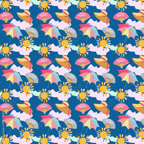 Pattern of sun, hat, umbrella and fan