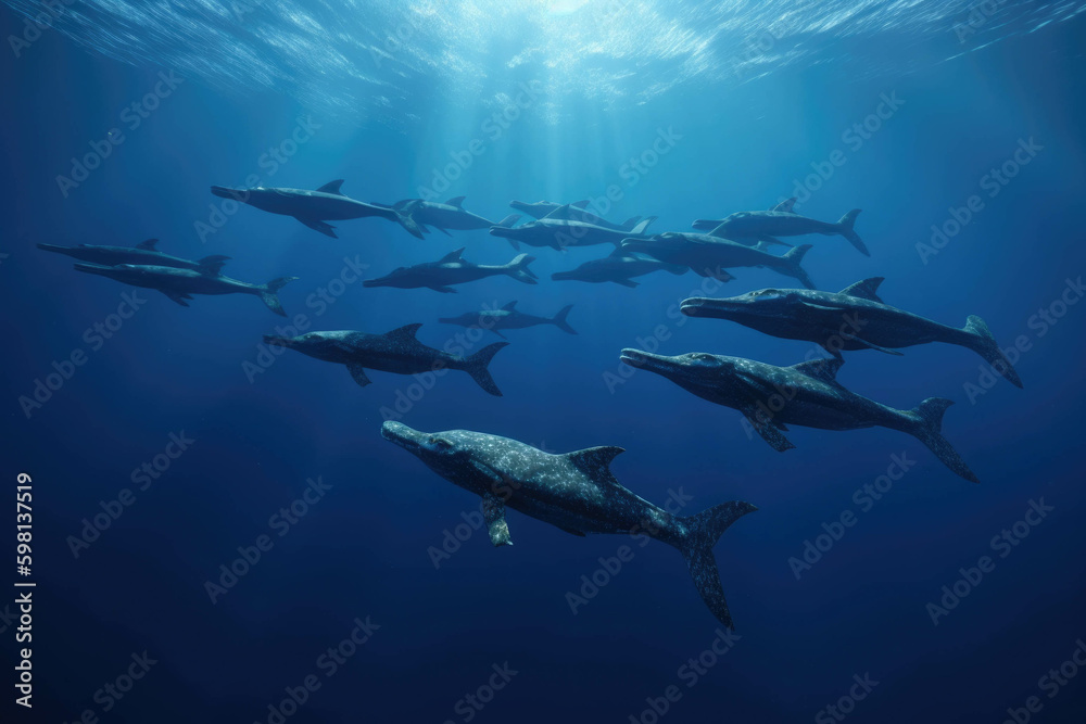 Obraz premium A flock of Monolophosaurus dive in perfect formation above a deep blue ocean.. AI generation. Generative AI