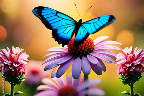 Beautiful Morpho butterfly on top of a Gerbera Generative AI