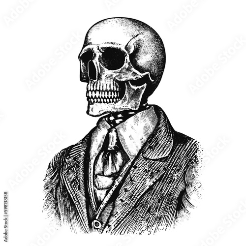 skeleton wearing a suit, vintage skull illustration