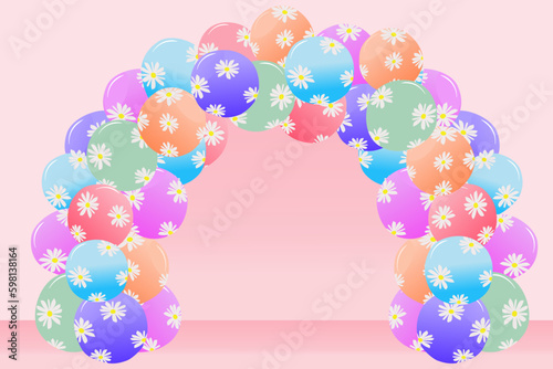 Festival balloons background with flower in the  blue sky colourful for celebration party parade grand opening anniversary banner. Vector illustration. Copy space.
