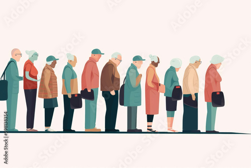 A group of seniors Gen Zers and everyone in between in a line waiting for a scarce Social Security payout.. AI generation. Generative AI
