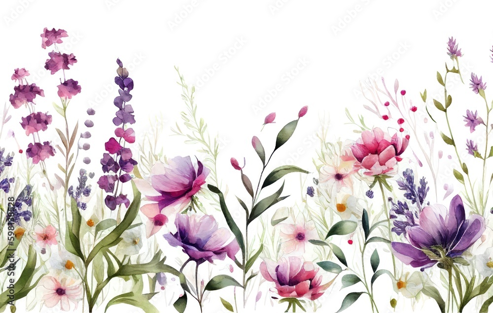 Fototapeta premium Watercolor floral pattern of meadow flowers by Generative AI