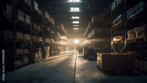 Warehouse interior with shelves, pallets and boxes. Generative AI