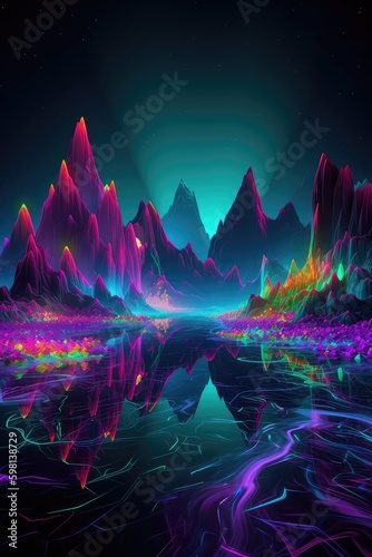 Fantasy world, neon magic lake, neon vj loop, dj loop, music video backgrounds, neon water, full moon, stage shows background, dance music background, unreal engine, metaverse world, fantasy world