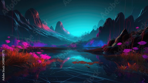 Fantasy world, neon magic lake, neon vj loop, dj loop, music video backgrounds, neon water, full moon, stage shows background, dance music background, unreal engine, metaverse world, fantasy world