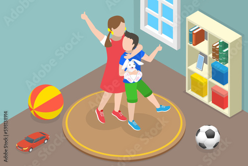 3D Isometric Flat Vector Conceptual Illustration of Brother And Sister Friendship, Happy Kids