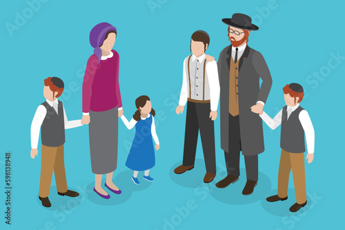 3D Isometric Flat Vector Set of Jewish Family, Orthodox Jews