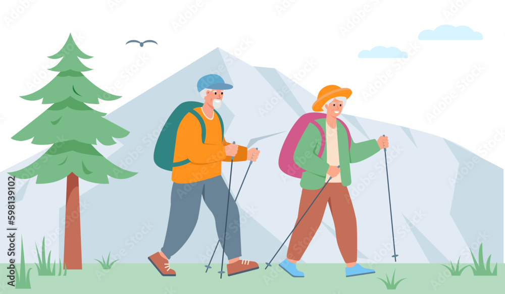 Elderly couple of man and woman walking, hiking or traveling in mountains. Senior people active healthy lifestyle concept. Vector cartoon or flat illustration. Elderly couple of man and woman walking, hiking or traveling in mountains. Senior people active healthy lifestyle concept. Vector cartoon or flat illustration.