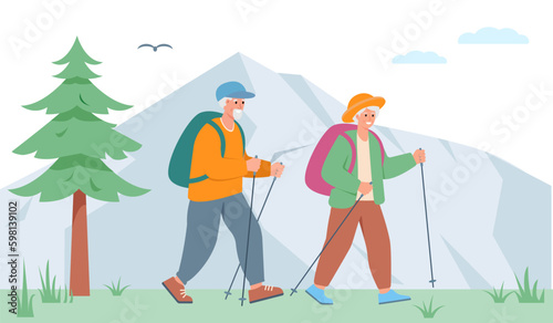 Elderly couple of man and woman walking, hiking or traveling in mountains. Senior people active healthy lifestyle concept. Vector cartoon or flat illustration.