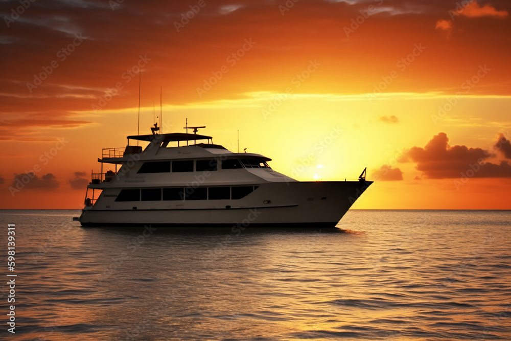 Luxury motor yacht in sea at sunset, expensive boat moves in ocean, generative AI