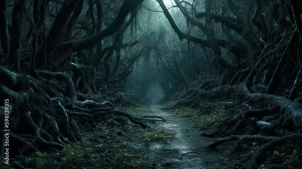 Scary forest at night, dry crooked trees and path in dark fairytale wood, generative AI. Scary forest at night, dry crooked trees and path in dark fairytale wood, generative AI.