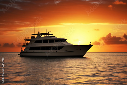 Luxury motor yacht in sea at sunset, expensive boat moves in ocean, generative AI