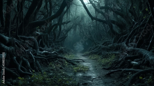 Scary forest at night, dry crooked trees and path in dark fairytale wood, generative AI.