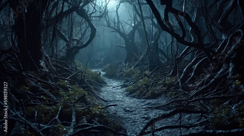 Scary forest at night, dry crooked trees and path in dark fairytale wood, generative AI.