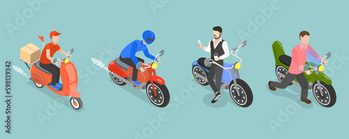 3D Isometric Flat Vector Set of Motorcycles, Modern City Transport