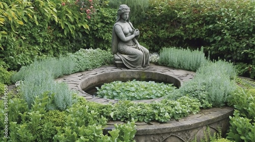 Mediterranean herbs planted in a circular stone border surrounding a contemplative bronze figure. AI generated