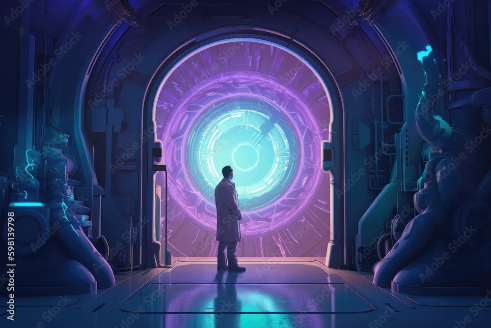 Time machine portal opening up in a laboratory, with a blue and purple color scheme and a person wearing a lab coat. Generative AI
