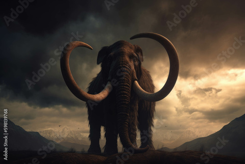 An immense mammoth its silhouette dark against a turbulent sky.. AI generation. Generative AI