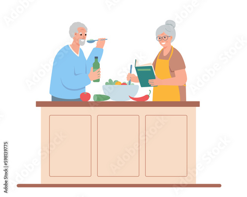 Senior man and woman cooking. Elderly couple spending time together. Active lifestyle and hobby for grandparents. Vector cartoon or flat illustration.
