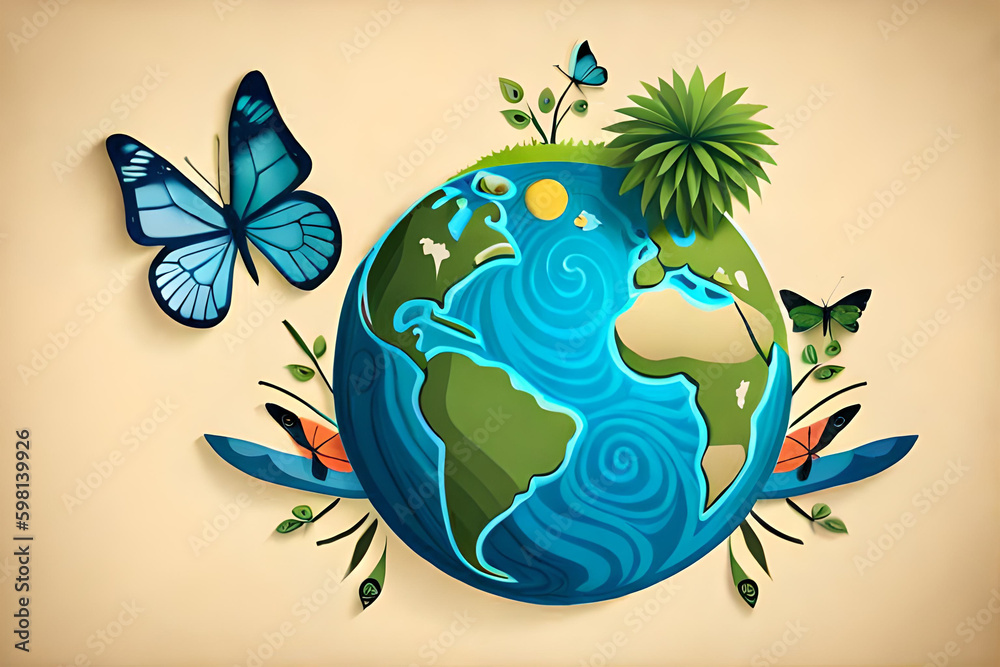Fototapeta premium safe earth, green enviroment, butterfly, day of earth concept art, IA generativa