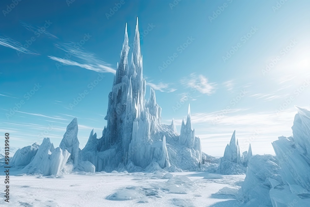 Towering spire of ice stood at the heart of a frozen wasteland, its icy crystals glittering in the pale light. Generative AI