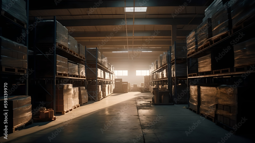 Warehouse industrial and logistics companies. Bright sunlight. Generative AI Warehouse industrial and logistics companies. Bright sunlight. Generative AI