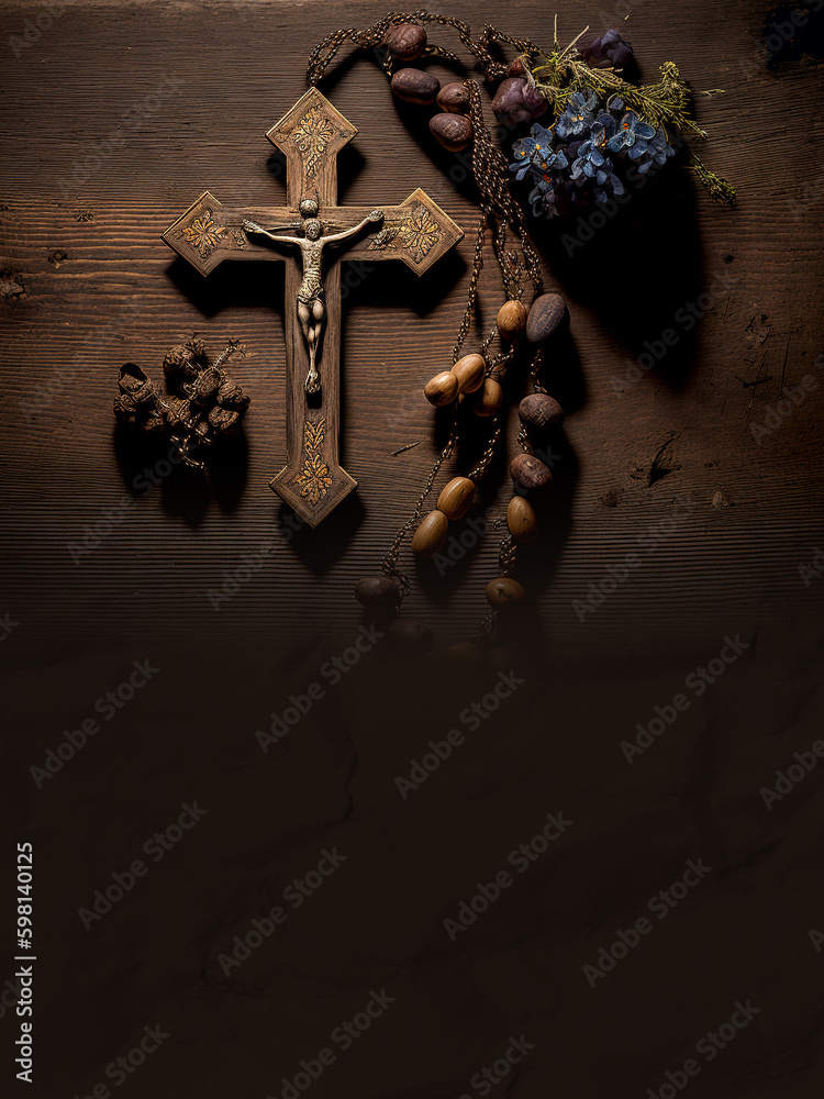 wooden cross on a dark background and space for text
