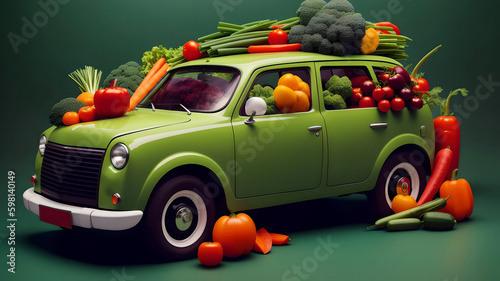 Farm vegetables delivery concept. A car delivering fresh fruits and vegetables concept. Generative AI
