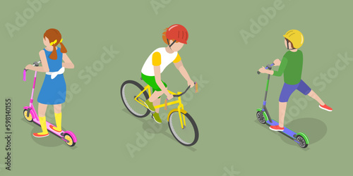3D Isometric Flat Vector Conceptual Illustration of Happy Children, Outdoor Recreation with Sport Vehicle