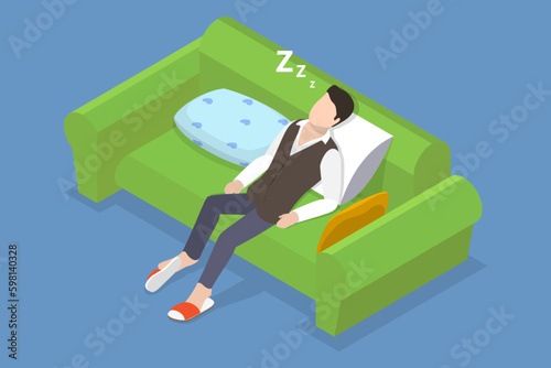 3D Isometric Flat Vector Conceptual Illustration of Sleeping Drunk Man, Tiredness or Depression