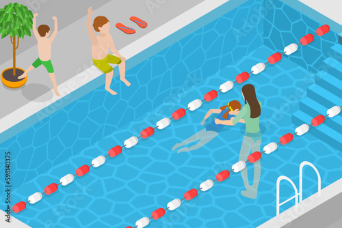 3D Isometric Flat Vector Conceptual Illustration of Swimming Classes, Training in the Pool