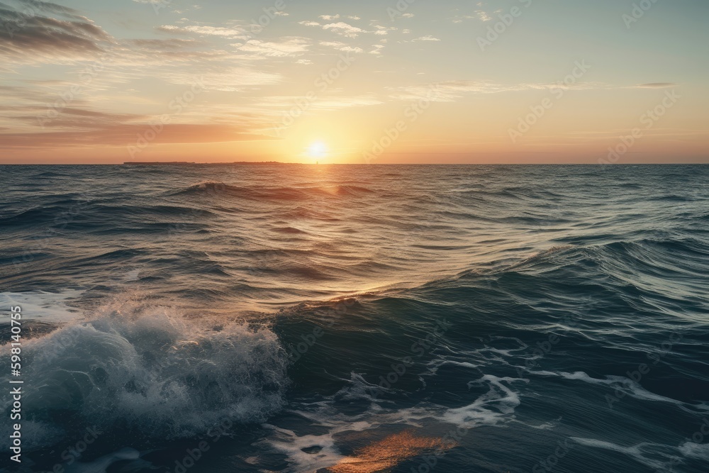 Vast ocean at sunset, featuring a horizon stretching into the distance. Generative AI