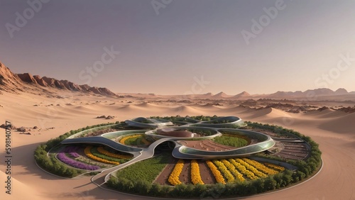 Landscape of a sci-fi futuristic garden-village human habitat on the surface of planet Mars - Generative AI Illustration