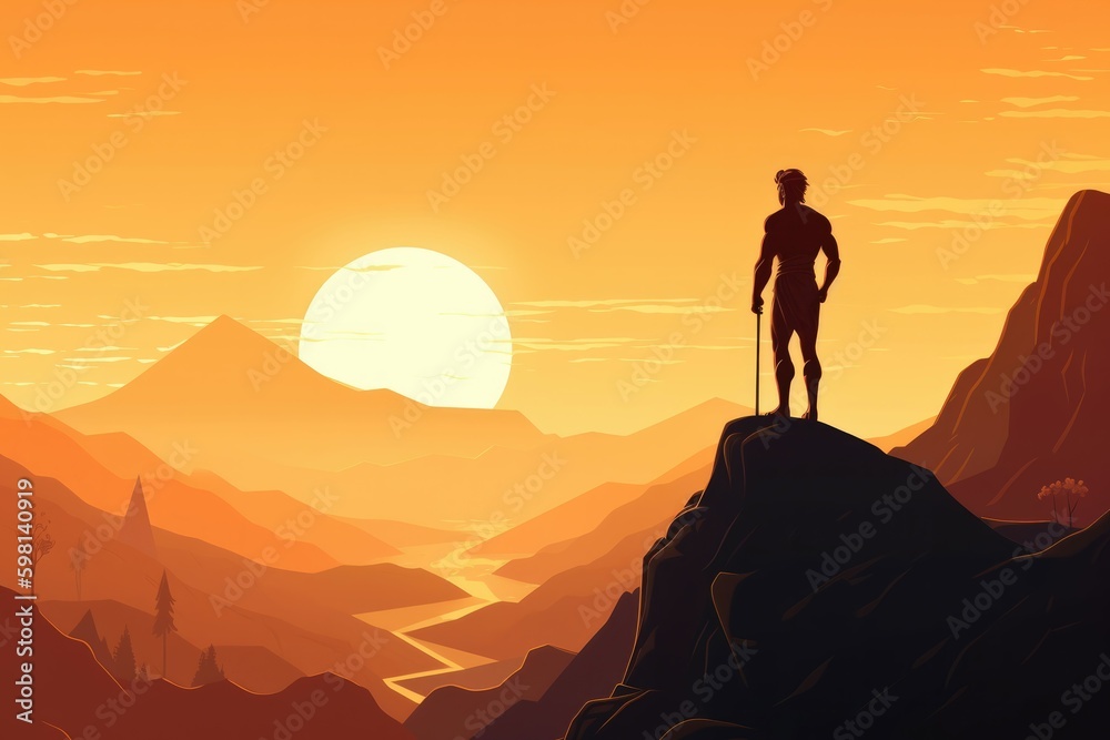 Apollo standing on a mountaintop surrounded by golden light. Generative AI