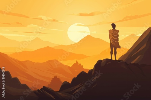 Apollo standing on a mountaintop surrounded by golden light. Generative AI