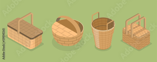 3D Isometric Flat Vector Set of Baskets, Handmade Rattan Boxes
