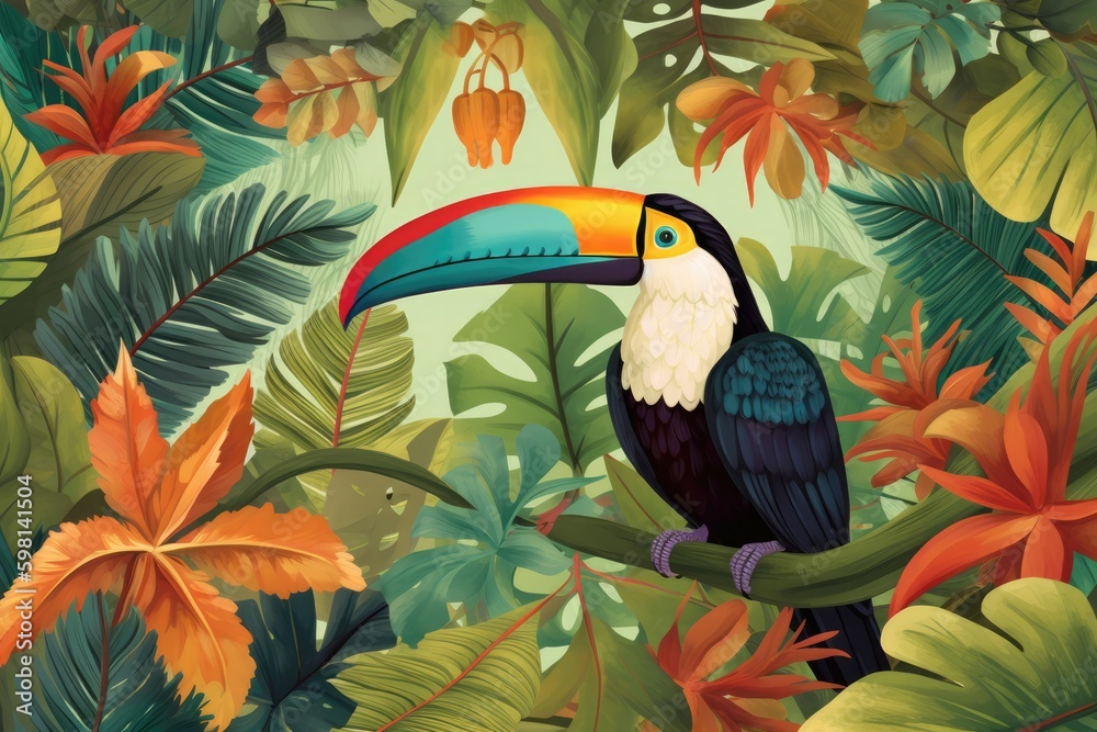 Fototapeta premium Vibrant jungle canopy at midday, featuring a colorful toucan perched on a branch overlooking a sea of lush greenery and exotic flowers. Generative AI