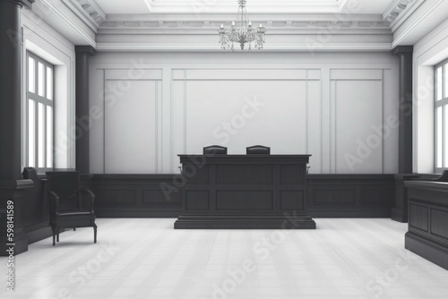 An empty courtroom with a single jury box and a large judge’s bench suggesting the importance of working together within the law.. AI generation. Generative AI