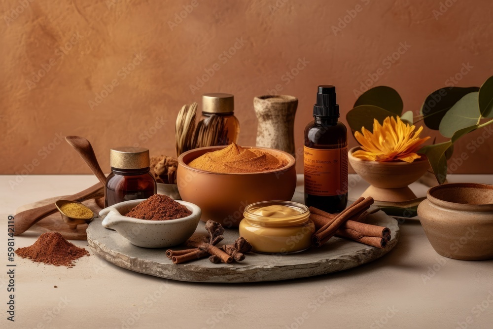 Ayurvedic henna cream ingredients, such as henna powder, essential oils, and herbs, with a sense of natural and organic ingredients. Sense of health and wellness. Generative AI - obrazy, fototapety, plakaty 