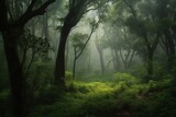 Lush green forest, against misty background, with a sense of natural beauty and serenity. The image should convey a sense of peace and tranquility. Generative AI