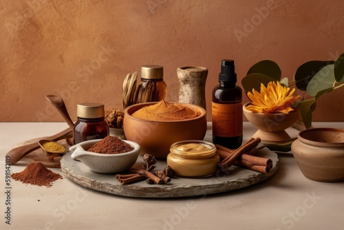 Ayurvedic henna cream ingredients, such as henna powder, essential oils, and herbs, with a sense of natural and organic ingredients. Sense of health and wellness. Generative AI