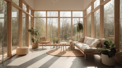 Minimalist decor and natural lighting in a sunroom. AI generated