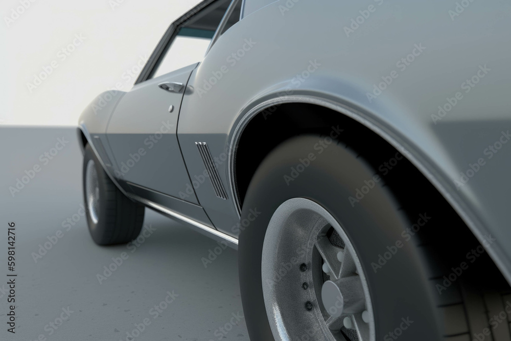 A detailed side shot of a formidable muscle car with a shaded grey paint job. Speed drive concept. AI generation. Generative AI