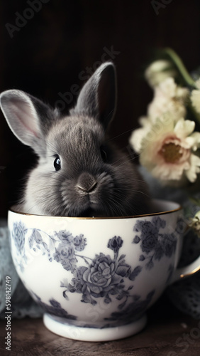 Cute fluffy bunny / rabbit, in the coffee and tea cup, with flowers and nice details  © AD